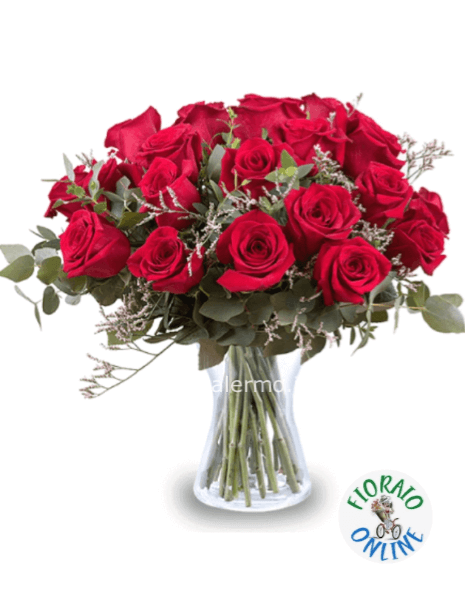 15 Rose rosse top quality con vaso in vetro elegante